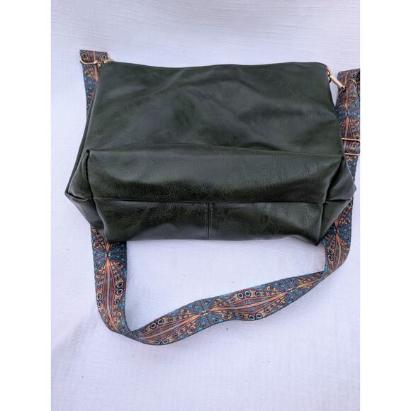 Olive Green Crossbody Bag Purse Geometric Patterned Strap Adjustable Boho - Picture 4 of 5